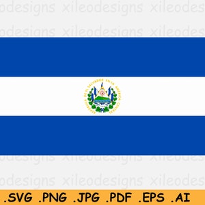 Op de afbeelding: Een digitale afbeelding van de vlag van El Salvador. De vlag heeft drie horizontale strepen: twee blauwe strepen aan de boven- en onderkant en een witte streep in het midden. De middelste witte streep toont het nationale wapen.