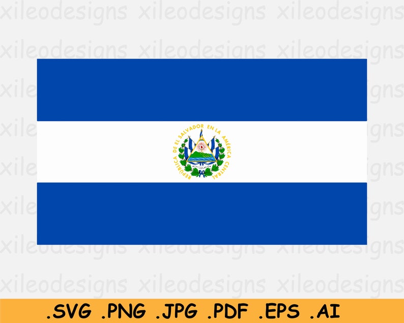 Op de afbeelding: Een digitale afbeelding van de vlag van El Salvador. De vlag heeft drie horizontale strepen: twee blauwe strepen aan de boven- en onderkant en een witte streep in het midden. De middelste witte streep toont het nationale wapen.