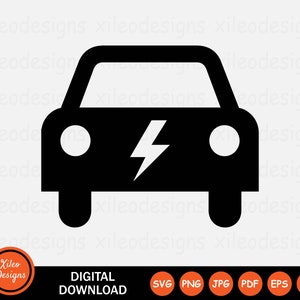 May include: Black and white silhouette of an electric car with a lightning bolt symbol in the center.  The car has a rounded front and back, and the lightning bolt is stylized with a jagged edge.