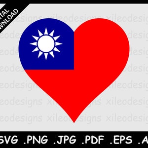 May include: A heart-shaped design featuring the flag of Taiwan. The left side of the heart is blue with a white sun in the center. The right side of the heart is red.