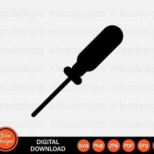 Op de afbeelding: Zwarte silhouet van een schroevendraaier. De schroevendraaier is schuin, met de handgreep bovenaan en de punt wijst naar de linkerbenedenhoek van de afbeelding.