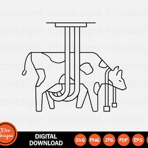 Op de afbeelding: Zwart-witte lijntekening van een koe die gemolken wordt. De koe staat op een platform met een emmer eronder. De illustratie is eenvoudig en gestileerd.