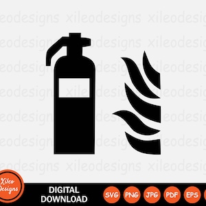 May include: Black and white silhouette of a fire extinguisher and flames. The fire extinguisher has a handle and a label. The flames are stylized and have a pointed shape.