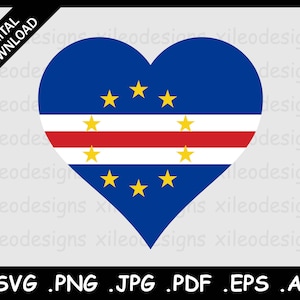 May include: A heart-shaped graphic with the flag of Cape Verde. The flag is blue with a red horizontal stripe and a white horizontal stripe. There are ten yellow five-pointed stars in a circle on the blue portion of the flag.