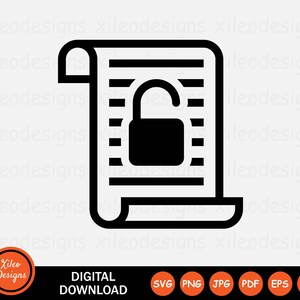 May include: Black and white icon of a document with a padlock on it. The document is a scroll with lines of text. The padlock is open.