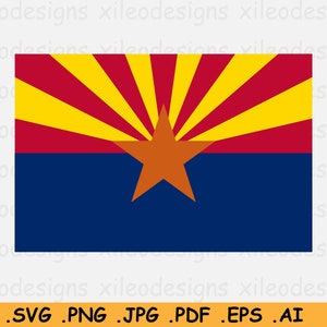 May include: The flag of Arizona features a red field with a yellow sunburst design and a blue field with a copper-coloured five-pointed star.