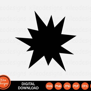 May include: Black starburst shape with 12 points. The starburst is a digital download available in SVG, PNG, JPG, PDF, EPS, and AI formats.