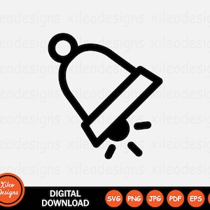 Pode incluir: Ilustração em preto e branco de um sino com o topo arredondado e um pequeno círculo no topo. O sino está a tocar com cinco pequenas linhas que irradiam da parte inferior.