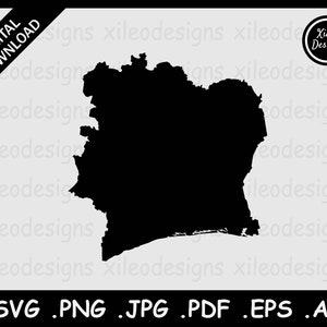 Costa de Marfil Mapa SVG, Côte d'Ivoire País Frontera Nacional Frontera, Silueta Negra Recorte Cricut Archivo Vector, png jpg jpeg pdf ai eps