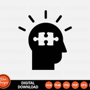 Peut inclure: Silhouette noire et blanche d'une tête humaine avec une pièce de puzzle à l'intérieur, représentant un concept de résolution de problèmes ou de pensée créative. La tête est entourée de lignes rayonnantes, symbolisant l'inspiration ou un moment d'illumination.