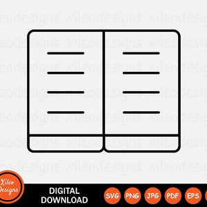 May include: Black and white digital download graphic of an open book with horizontal lines on each page. The image includes the text "DIGITAL DOWNLOAD" and various file type icons.