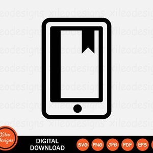 May include: Black and white icon of a smartphone with a bookmark on the screen. The icon is a digital download.