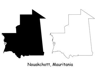 Nouakchott Mauritanië Kaart Hoofdstad Stad Land Locatie Pin Zwart Wit Silhouet Schets Geografie Regio Capital Maps jpg svg png ai eps