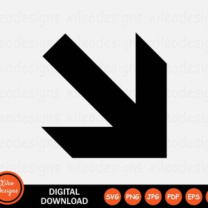 May include: Black arrow pointing down and to the left. The arrow is a simple geometric shape with sharp angles.