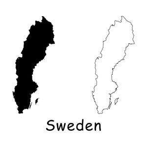 Mapa de Suecia, mapa sueco, contorno sólido detallado en blanco y negro, mapa de Suecia, descarga digital instantánea svg png eps ai