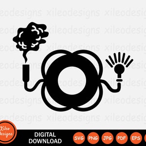 Puede incluir: Ilustración en blanco y negro de un salvavidas con un cable conectado a una bombilla y una columna de humo. El cable está conectado a un enchufe en el lado izquierdo de la imagen.