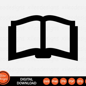 May include: Black and white silhouette of an open book. The book is open to a blank page. The book is a common symbol of knowledge and learning.