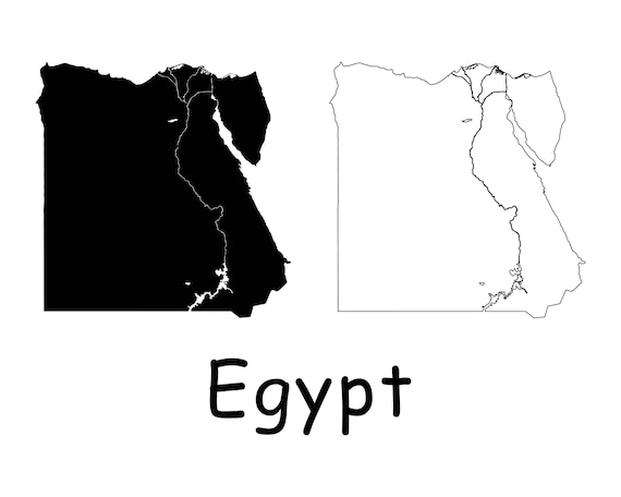 Map of Egypt, Egyptian Map, Black and White Detailed Solid