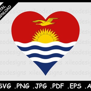 May include: A red heart-shaped design featuring the flag of Kiribati. The flag has a red background with a yellow sun and three white horizontal stripes on a blue background.