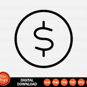 May include: Black and white line art illustration of a dollar sign inside a circle. The dollar sign is stylized with a vertical line through the center.