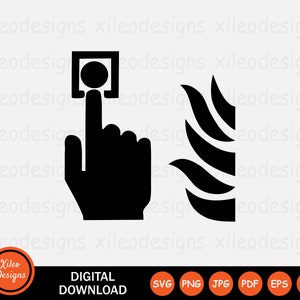 May include: Black and white silhouette of a hand pressing a fire alarm button with flames behind it.