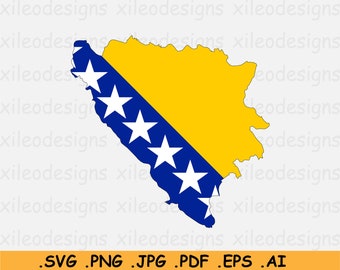 Bosnia and Herzegovina Map Flag SVG - Map of Bosnia & Herzegovina, Map Flag SVG, Instant Digital Download Country Icon - eps ai png jpg pdf