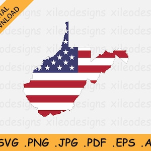 May include: An outline of the state of West Virginia with the American flag design inside. The stars and stripes are in the traditional red, white, and blue colors.