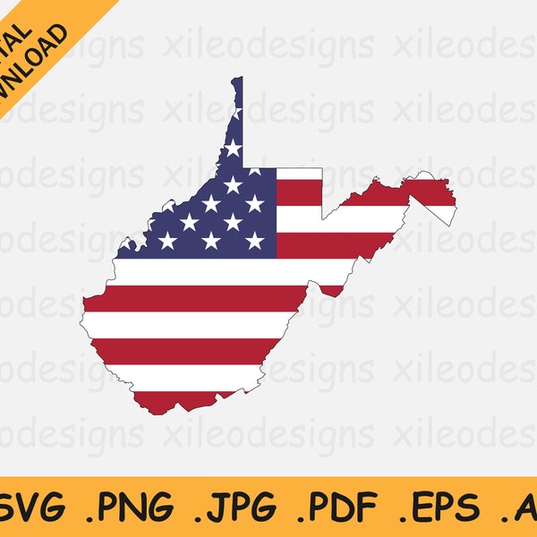 West Virginia Map US Flag svg, WV USA on American Flag, America State Banner Shape Border Outline, Cricut Cut File Vector eps ai png jpg pdf