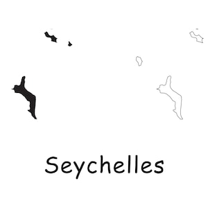 Mapa de Seychelles, contorno sólido detallado en blanco y negro, frontera del país, mapa del país de Seychelles, descarga digital instantánea svg png eps ai