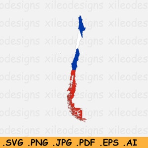 May include: A red, white, and blue outline of Chile with the Chilean flag colors. The outline is a silhouette of the country's shape.