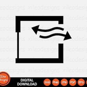 May include: Black and white illustration of a window with arrows indicating air flow. The arrows are curved and point in opposite directions. The window is a simple rectangle with a single pane.