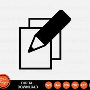 Könnte beinhalten: Schwarzweißes Symbol eines Bleistifts, der über einem Dokument schwebt. Das Symbol steht für Bearbeiten oder Schreiben.