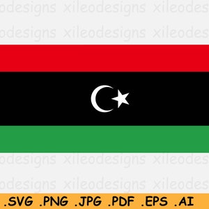 May include: The flag of Libya, a horizontal tricolour with a red top band, a black middle band with a white crescent moon and star, and a green bottom band.