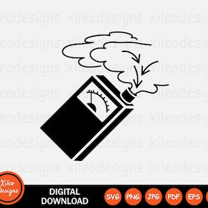 Könnte beinhalten: Schwarz-weiß-Illustration eines Rauchmelders mit einer Anzeige und einer Rauchwolke mit nach unten zeigenden Pfeilen. Der Text "DIGITAL DOWNLOAD" befindet sich unter dem Bild. SVG PNG JPG PDF EPS AI sind unter dem Text aufgelistet.