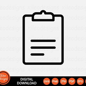 May include: Black and white line art illustration of a clipboard with a check list. The clipboard has a clip at the top and three lines on the checklist.