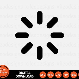 Puede incluir: Un icono de carga en blanco y negro con ocho radios que irradian desde un círculo central. El icono es un símbolo común para la carga o el procesamiento.