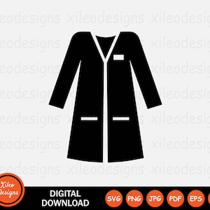 Puede incluir: Silueta en blanco y negro de una bata de laboratorio con un bolsillo en el lado izquierdo y un pequeño bolsillo en el lado derecho. La bata de laboratorio tiene un cuello en V.