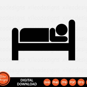 May include: Black and white silhouette of a person sleeping in a bed. The bed has a headboard and footboard.