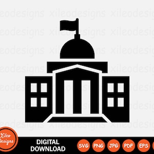 Puede incluir: Silueta en blanco y negro de un edificio gubernamental con una bandera en la parte superior. El edificio tiene una cúpula y columnas. Hay ventanas a los lados del edificio.