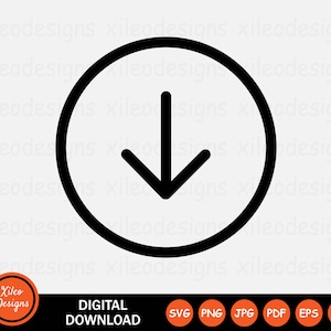 Op de afbeelding: Zwart-wit pictogram van een cirkel met een pijl die naar beneden wijst. De pijl wijst recht naar beneden.