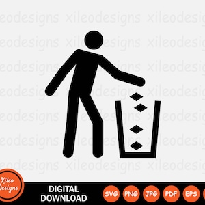 Keep Clean Icon SVG - Throw Trash In Bin Place Rubbish Can Trashcan Man Symbol Sign Graphic Clipart Vector Cricut Digital png jpg eps pdf ai