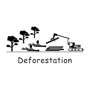 Puede incluir: Ilustración en blanco y negro de la deforestación. Una máquina de tala está cortando árboles y cargando troncos en un camión. El texto "Deforestation" está escrito debajo de la imagen.