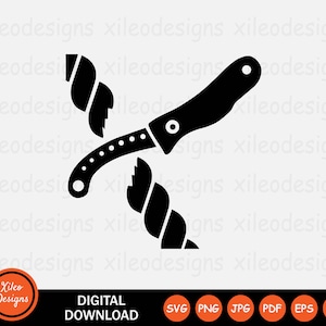 May include: Black and white silhouette of a knife cutting through a rope. The knife has a handle and a blade. The rope is twisted and knotted.