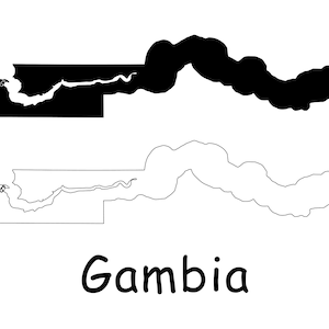 Mapa de Gambia, Mapa de Gambia, Mapa de contorno sólido detallado en blanco y negro, Mapa de límites del país de Gambia, Descarga digital instantánea svg png eps ai
