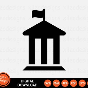 May include: Black and white silhouette of a building with a flag on top. The building has a rectangular base and two columns in the front. The flag is a simple rectangle with a pointed top.