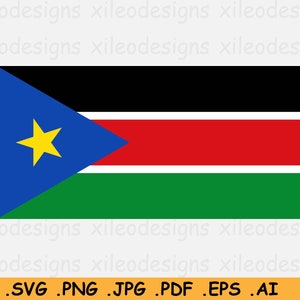 Puede incluir: La bandera de Sudán del Sur, un tricolor horizontal de negro, rojo y verde con un triángulo azul en el asta que lleva una estrella amarilla de cinco puntas.