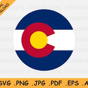 Op de afbeelding: Een cirkelvormige afbeelding van de vlag van de staat Colorado. De vlag is blauw, wit en rood met een grote gele cirkel in het midden. De cirkel heeft een rode 'C' erin.