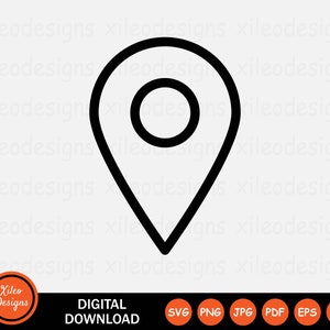 Könnte beinhalten: Schwarz-weiß-Liniengrafik einer Standort-Pin-Ikone. Der Pin ist eine einfache, abgerundete Form mit einem Kreis im Inneren.