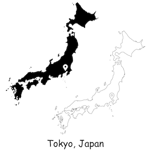 Tokyo Japan Karte Hauptstadt Landort Pin Schwarz Weiß Silhouette Umriss Geografie Region Region Japan Landkarten jpg svg png ai eps