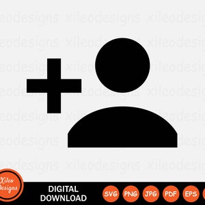 May include: Black and white icon of a person with a plus sign next to it. This icon represents adding a new user.